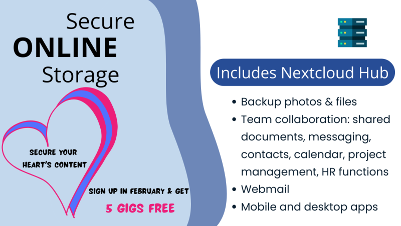 Backup photos & files; Team collaboration: shared documents, messaging, contacts, calendar, project management, HR functions; Webmail